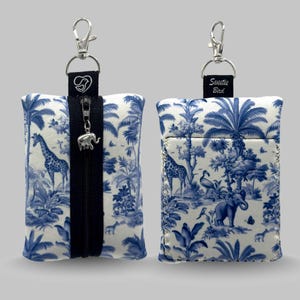 Hand-Stitched Blue Jungle Toile Zipper Pouch: Animal Wallet with Elephant Charm Key Fob