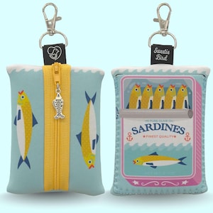 Small Sardine Can Print Zipper Pouch for Lanyard, Purse or Key Fob- Cute Fish Charm, Cute Travel Pouch, EDC