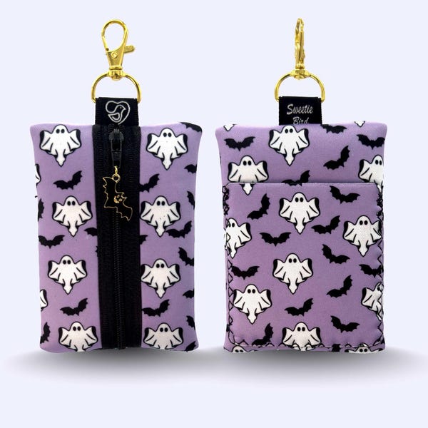 Halloween Ghost Zipper Pouch: Medium Neoprene Coin Purse with Bat Charm - Purple Spooky Accessory