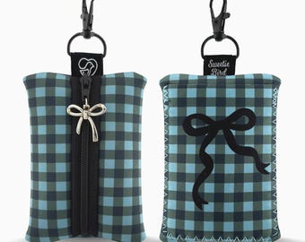 Gingham Neoprene Zipper Pouch with Bow Charm & Wrist Loop