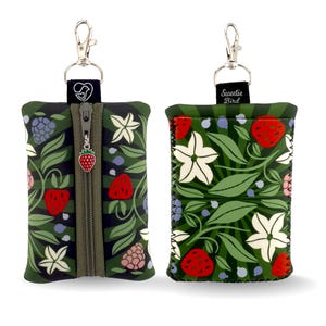 Strawberry Floral Neoprene Travel Organizer: Zippered Pouch with Clip for Essentials and Trinkets