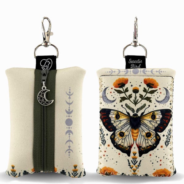 Moth Moon Zipper Pouch with Charm, Celestial Coin Purse Keychain, Whimsigoth Bag Accessory, Witchy Gift