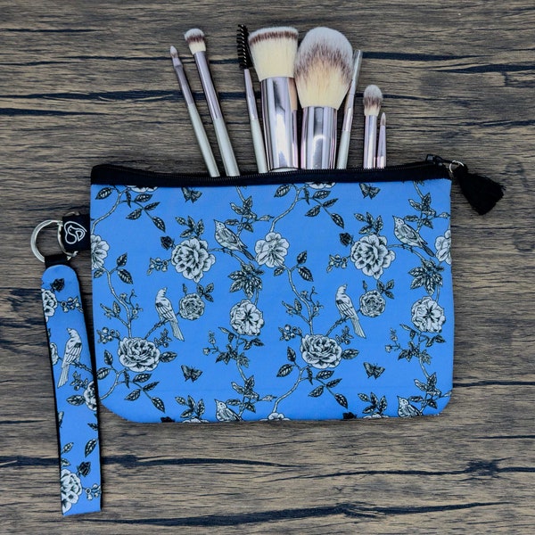 Blue French toile zipper pouch, Coquette style makeup pouch with strap, Handmade Neoprene Pouch with wrist strap, Bridesmaids gift, Zip Bag