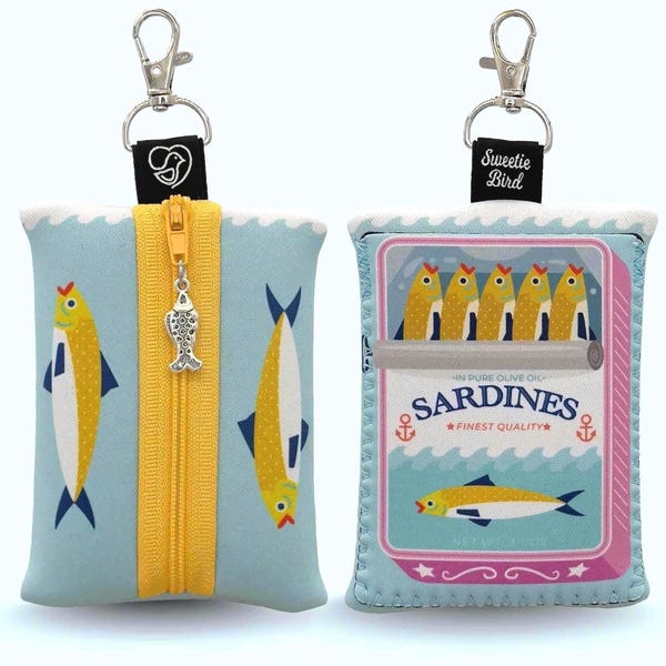 Sardine Can Print Zipper Pouch: Neoprene Fish Charm Key Fob