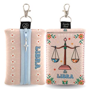Libra Zodiac Zipper Pouch | Astrology Mini Wallet with Clip | Neoprene Organizer with Strap | Libra Gift Idea