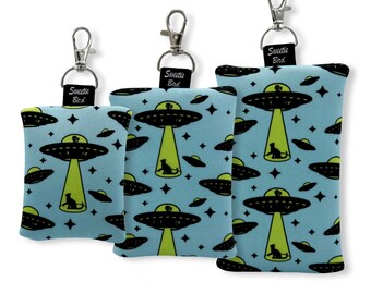 UFO Cats Pouch with charm, Space Alien Cat zipper keychain pouch, Sci Fi gift, Small Electronics bag, Neoprene custom pouch in 3 sizes