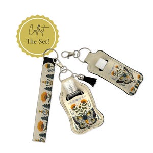Moth and Moon Mystical and Witchy Neoprene Accessory Set - Matching Wristlet, Hand Sanitizer Holder & Lip Balm Keychain