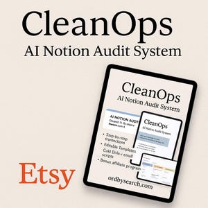 May include: A digital tablet shows "CleanOps AI Notion Audit System." The tablet displays a smaller screen with the same text and a list of features. The Etsy logo is in the lower left corner. The background is a light beige colour.