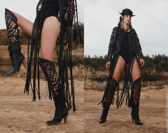 Over the knee boots Boho clothing Rave outfit Burning man Women's knee high boots Handmade clothing