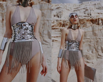 Silver corset belt Corset underbust Rave wear Futuristic clothing women Festival accessories Steampunk clothing women Burning man