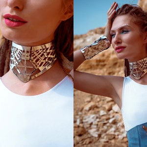 Futuristic choker Мirror choker collar Metal cyberpunk necklace for festival outfit Silver party clother Burning man rave jewelry.