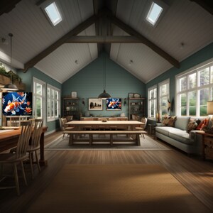 May include: A large, open-plan living room with a vaulted ceiling and skylights. The room features a large wooden dining table with chairs, a sofa, and two framed prints of koi fish on the wall.