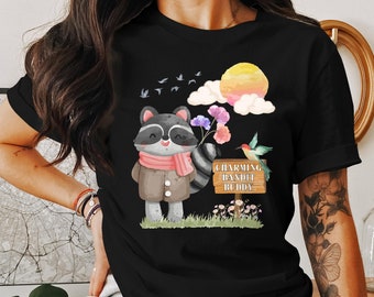 Watercolor Raccoon T-shirt, Cute Raccoon Shirt, Raccoon Lover Tee, Funny Animal with Flowers, Bird Lover Shirt, Cottagecore Animal Top