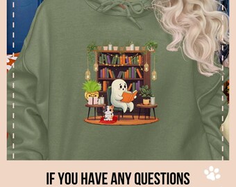 Ghost Reading Books Hoodie, Librarian Ghost with Cat Fall Sweater, Teacher Sweatshirt, Reading Books Shirt, Teacher Gift, Boo School