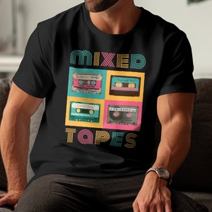 Camiseta de fitas misturadas de néon dos anos 80, camisa de fita cassete, camiseta de cassete de fita da velha escola, camiseta de presente de amante de música dos anos 80, fita cassete retrô
