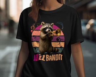 Jazz Bandit Raccoon T-Shirt, Cute Animal Musician Tee, Funny Trumpet Player Gift, Retro Music Lover Shirt, Whimsical Raccoon Gift, trumpet