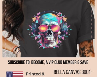 Neon Cool Skull T-Shirt, Music Lover Spooky Cool Shirt, Headphone Shirt, Spooky T-Shirt, Retro T-Shirt, Vintage Tee, Halloween Party Tee
