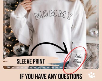 Personalized Mommy Sweatshirt with Kid Names on Sleeve, Mothers Day Gift, Birthday Gift for Mom, New Mama Gift, Minimalist Cool Mom Sweater