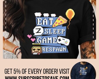 Gamer T-Shirt Eat Sleep Game Respawn, Funny Gaming Shirt, JC Video Game Tee, Pixel Art Top, Unisex Gift for Gamers, 8bit Jesus Tee