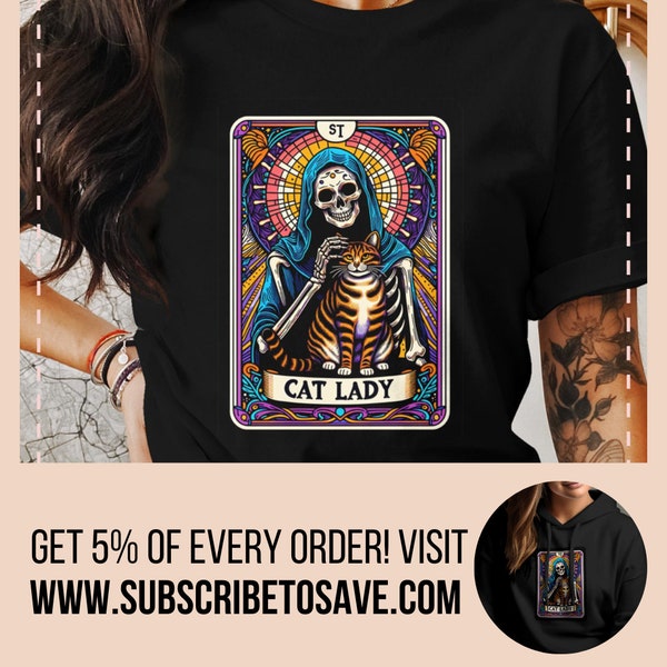 Gothic Cat Lady Tarot Card Design T-Shirt, Colorful Skeleton and Cat Tarot, Cat Lovers Hoodie, Kitten Mama Tee, Feline Mommy Shirt