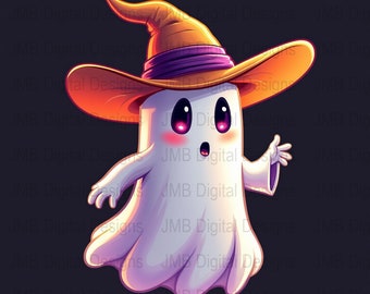 Stampa artistica digitale di un simpatico fantasma di Halloween, adorabile opera d'arte spettrale, fantasmino stravagante con cappello da strega, decorazione da parete di Halloween