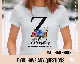 Personalized Matching Slumber Party T-Shirt, Custom Sleepover Party Crew Shirt, Floral Initial Sleep over Tee, Monogrammed Birthday Girl