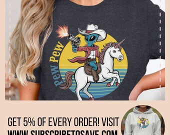 Alien Riding Unicorn T-shirt, Funny Alien Cowboy Riding Unicorn Shirt, Area 51 Reto Tee, Western Sci-Fi Humorous Shirt, Retro Geeks Gift