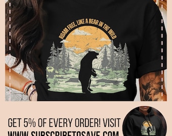 グリズリーベアTシャツ、アドベンチャーベアグラフィックTシャツ、荒野の自然シャツ、マウンテンフォレストベアTシャツ、ブラックベアラバートップ、ワイルドベア