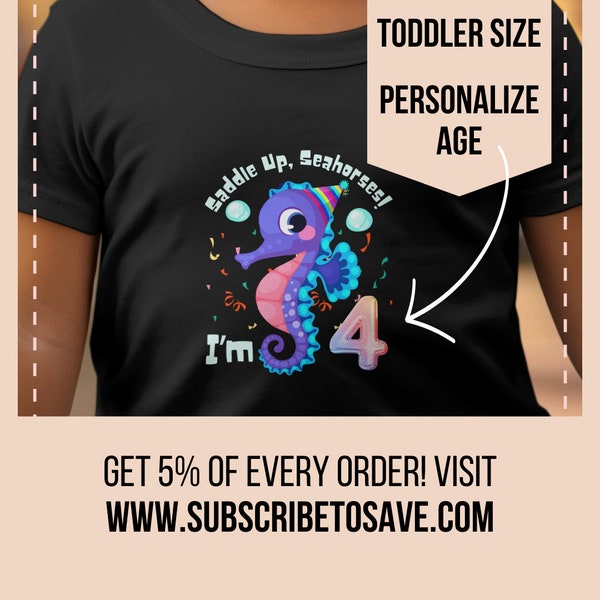 Custom Kids Birthday Seahorse T-Shirt, Cute Ocean Theme Party Tee, Giddy Up I'm Four, Colorful Sea Creature Top, Sea horse bday outfit