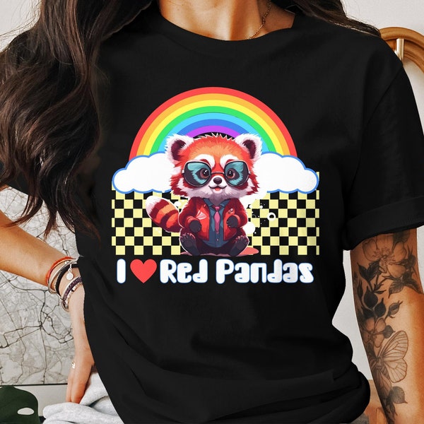I Heart Red Panda T-shirt, Cute Red Panda Shirt, Rainbow Red Panda Design, Cartoon Red Panda Top, Zookeeper Gift Idea, Rainbow Tee