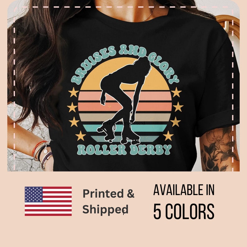 Pu&ograve; includere: Maglietta nera con una grafica di tramonto retr&ograve; e il testo "Bruises and Glory Roller Derby".