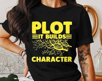 Maglietta per lettori, Maglietta per amanti dei libri, Regalo per autori di libri, Maglietta per lettori, Maglietta per topi di biblioteca, Insegnante di inglese per bibliotecari, Maglietta "Plot It Builds Character"