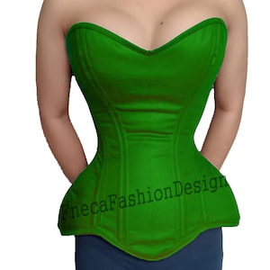May include: A green strapless corset with boning and a sweetheart neckline. The corset has a  pointed bottom and a  "FnecaFashionDesign" watermark.