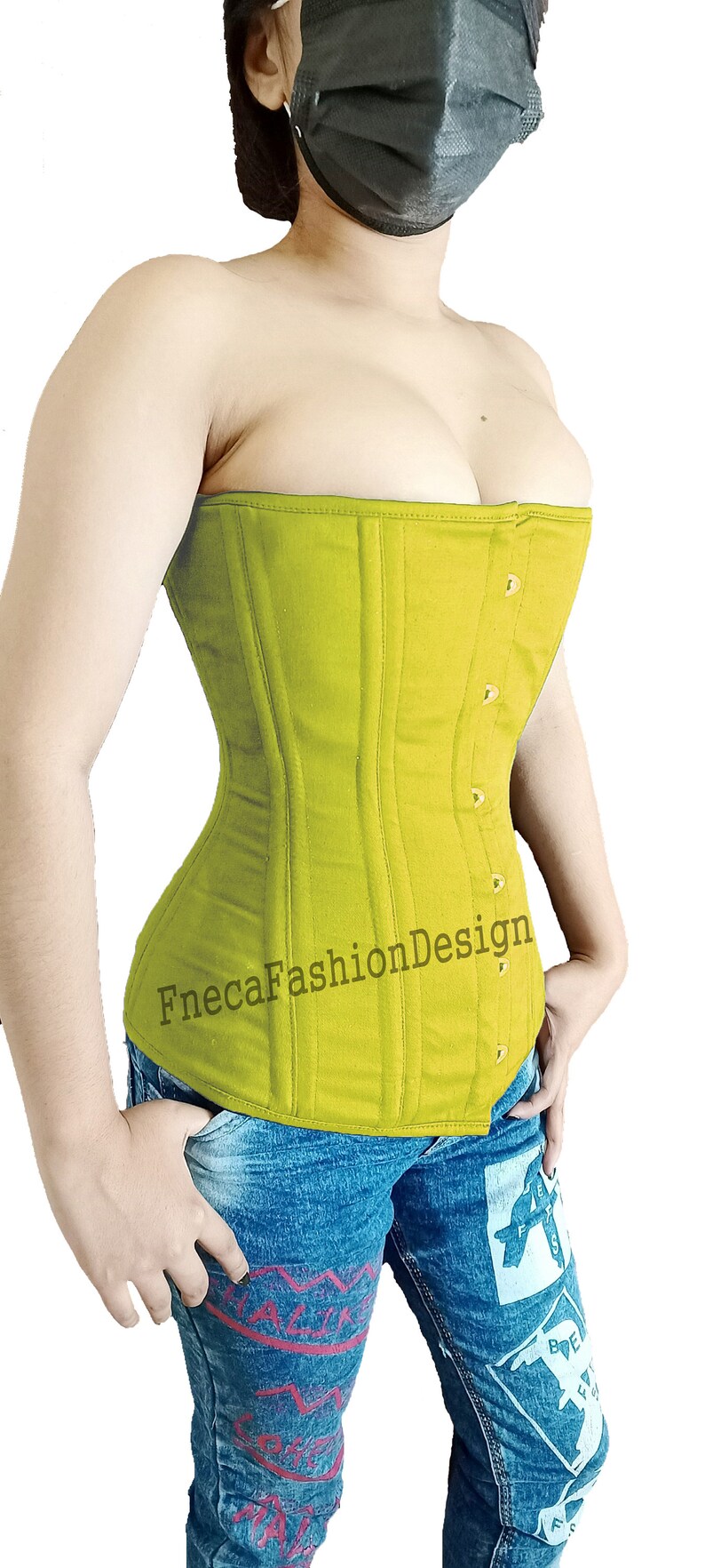 May include: A lime green corset with gold buttons and the text "FnecaFashionDesign" on the front. The corset is worn over blue jeans with white and pink graffiti.