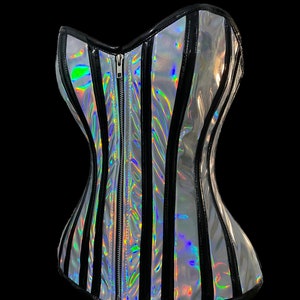 Women's Overbust Waist Trainer Steel Boned Holographic PVC Corset image 3