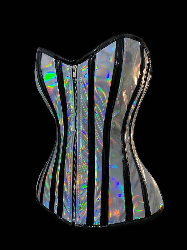 Women's Overbust Waist Trainer Steel Boned Holographic PVC Corset image 3
