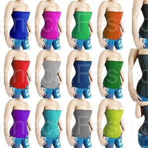 May include: A collection of 20 different colored corsets, all with a similar style and design. The corsets are made of a smooth, satin-like fabric and have a busk closure in the front. The corsets are shown on models wearing jeans.