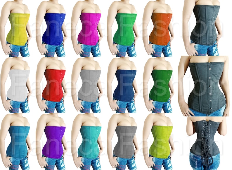 May include: A collection of 20 different colored corsets, all with a similar style and design. The corsets are made of a smooth, satin-like fabric and have a busk closure in the front. The corsets are shown on models wearing jeans.