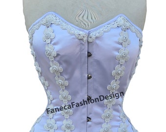 Wedding White Satin corset With Flower Lace Bridal Overbust corset