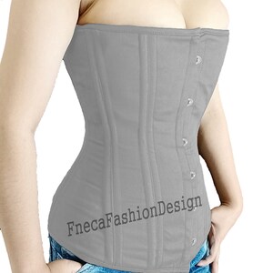 May include: A gray cotton corset with a busk closure and a label that reads "FnecaFashionDesign".