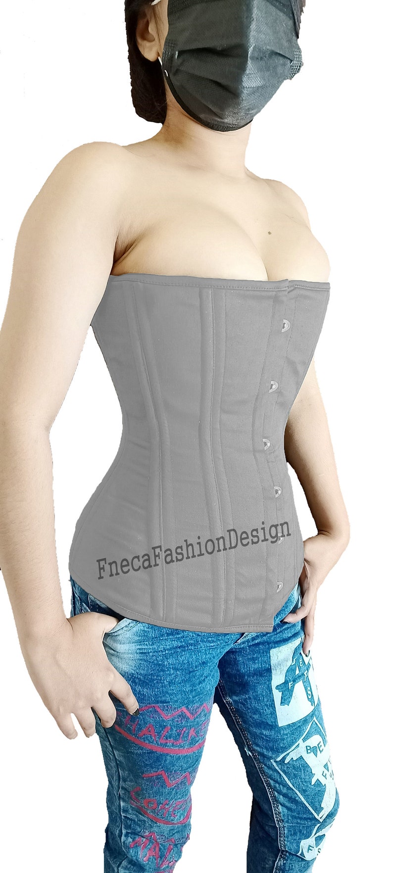 May include: A gray cotton corset with a busk closure and a label that reads "FnecaFashionDesign".