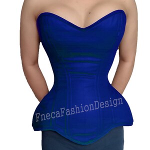 May include: A strapless blue satin corset with boning and a sweetheart neckline. The corset has a long, pointed waist and a flared skirt. The text "FnecaFashionDesign" is printed on the front of the corset.
