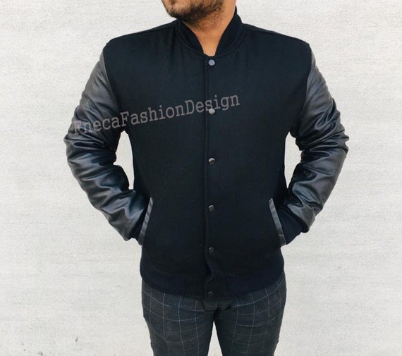 Wool Mix Varsity Jacket with Leather Sleeves in Black College Wear