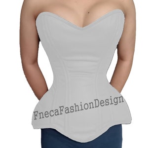 May include: A light gray strapless corset with a sweetheart neckline and a cinched waist. The corset has a  pointed bottom and the text "FnecaFashionDesign" is printed on the front.