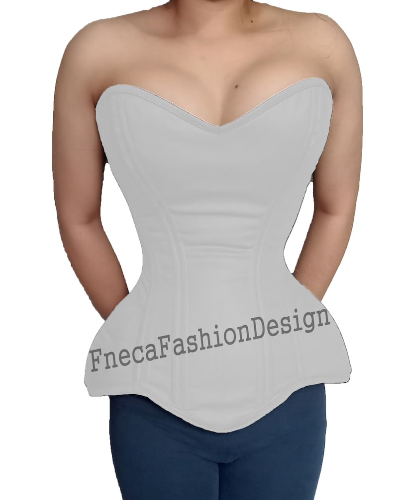May include: A light gray strapless corset with a sweetheart neckline and a cinched waist. The corset has a  pointed bottom and the text "FnecaFashionDesign" is printed on the front.