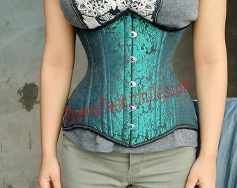 Heavy Duty Double Steel Boned Under bust Waist Trainer Three layer Green Brocade Corset