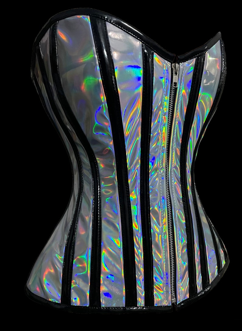 Women's Overbust Waist Trainer Steel Boned Holographic PVC Corset image 1