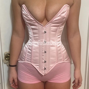 Heavy Duty Steel Boned Overbust Satin Waist Trainer Corset Pink corset