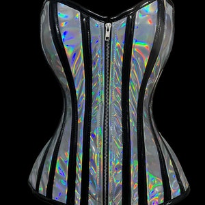 Women's Overbust Waist Trainer Steel Boned Holographic PVC Corset image 2