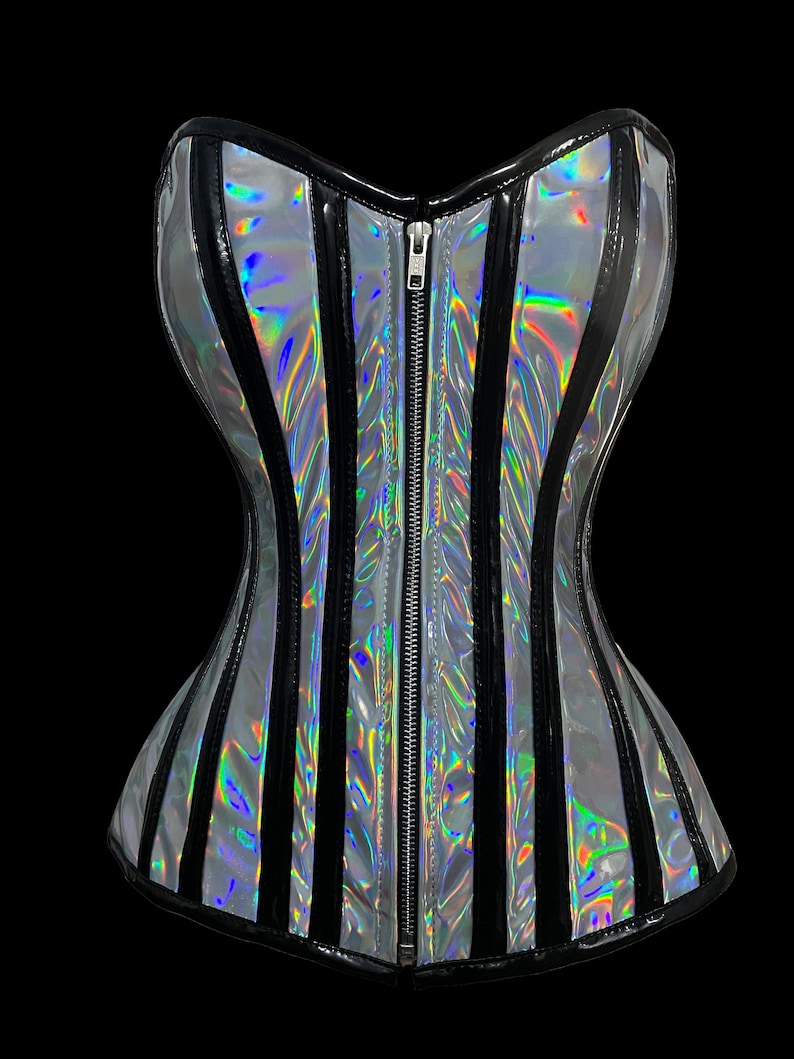 Women's Overbust Waist Trainer Steel Boned Holographic PVC Corset image 2